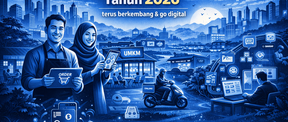 Pelaku UMKM menjalankan bisnis kecil dengan strategi digital marketing melalui laptop dan smartphone