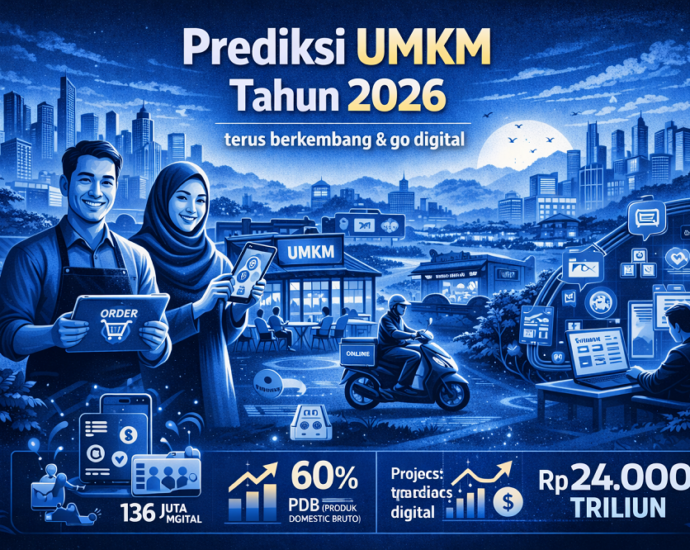 Pelaku UMKM menjalankan bisnis kecil dengan strategi digital marketing melalui laptop dan smartphone